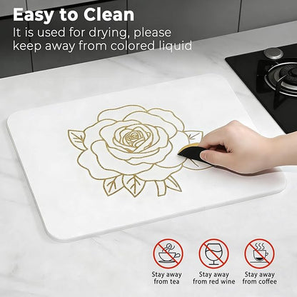 Stone Dish Drying Mat for Kitchen Counter, Glittery Resin Rose Pattern Quick Drying Mat, Water Absorbing Diatomaceous Pad for Plate Bottle Utensil Rack,Space Saving (Gold & White, 16"×12")