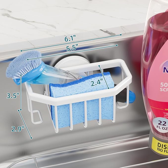 TAILI Sink Caddy with Strong Suction Cup, Sponge Holder for Kitchen Sink Organizer, Removable Sponge Caddy Inside Sink, Rustproof Aluminum Holder for Sponges, Brushes - White - Image 3