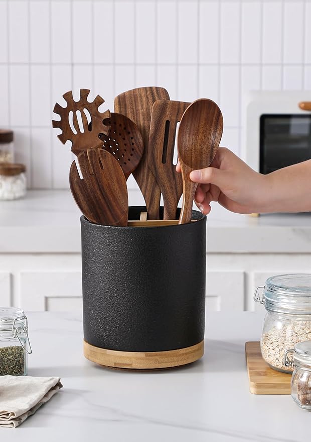 LoeJan 3 Compartment Utensil Holder, Extra Large Utensil Crock, Stable Ceramic Utensil Organizer, Cooking Tool Organizer Set for Kitchen Counter Farmhouse Decor,Textured Black - Image 6