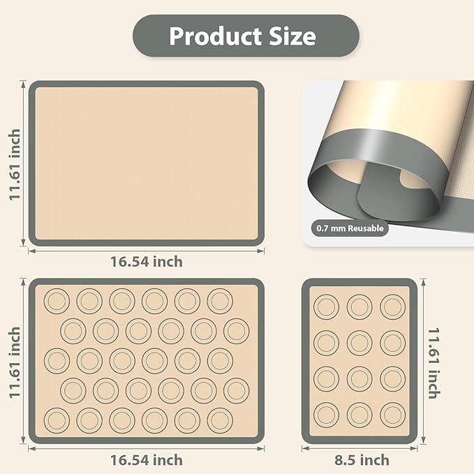 Macaron Silicone Baking Mats, 3 PCS Non Stick Macaroon Mat Silicone for Macarons, Cookie, Pastry, Gray - Image 2