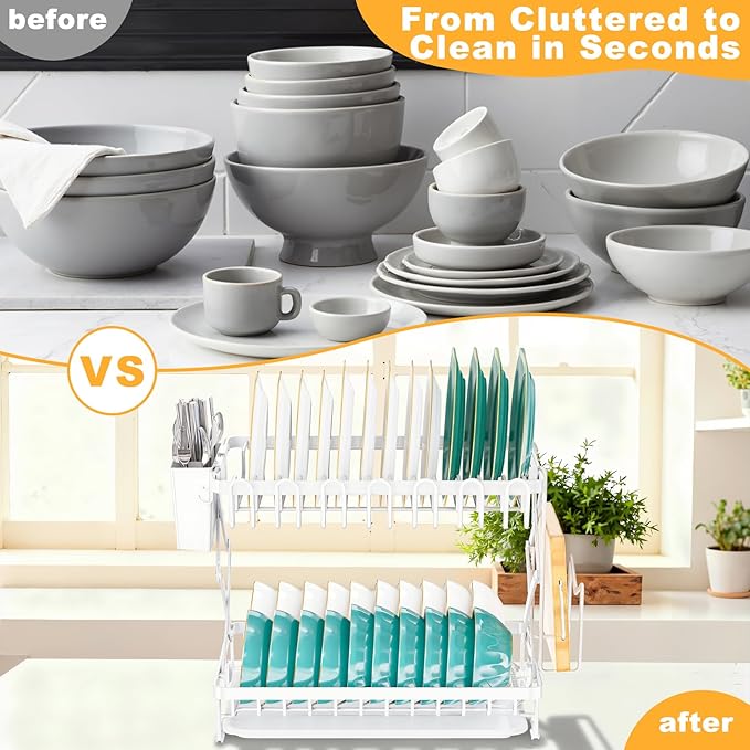 2-Tier Dish Racks for Kitchen Counter, Large Dish Drainers for Kitchens Counter Stainless Steel Kitchen Dishes Drying Rack, Space Saving Dishes Strainer for Bowl, Plate, Cup - Modern Counter Organizer - Image 7