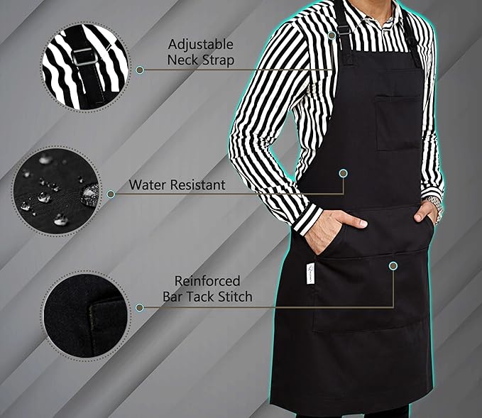RUVANTI Work Aprons for Men/Women with Pockets - Adjustable up to XXL - Professional Grade Durability - Black Apron for Barber, Chef, BBQ, Kitchen, Cleaning - 1 Pack