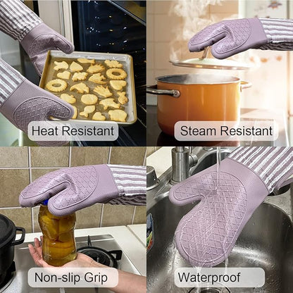 Alselo Silicone Oven Mitts Heat Resistant 932℉ with Waterproof & Non-Slip Kitchen Mittens, Set of 2 Extra Long Oven Gloves with Soft Cotton Terry Lining for Baking Cooking Barbecue(2, Purple Mitts) - Image 4