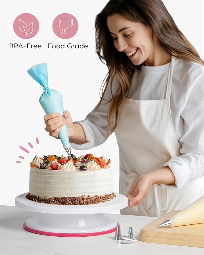 Kootek 71PCs Cake Decorating Kit, Baking Supplies Tools - Includes Cake Stand Turntable, 12 Icing Piping Tips Set, 2 Frosting Spatulas, 3 Scrapers, 50+2 Piping Bags, Coupler, Video Tutorial, Booklet - Image 7