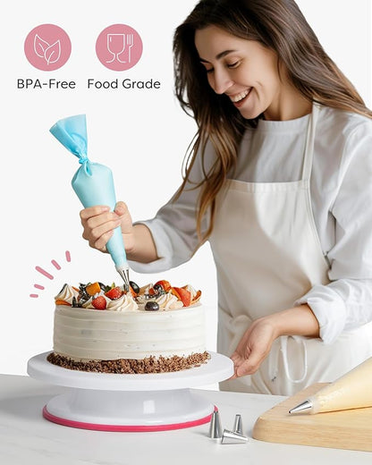 Kootek 71PCs Cake Decorating Kit, Baking Supplies Tools - Includes Cake Stand Turntable, 12 Icing Piping Tips Set, 2 Frosting Spatulas, 3 Scrapers, 50+2 Piping Bags, Coupler, Video Tutorial, Booklet - Image 7