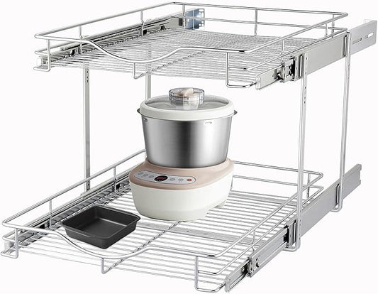 DINDON 2 Tier Pull Out Cabinet Organizer (14" W X 18" D), Double Tier Wire Basket Slide Out Shelf Storage for Kitchen Base Cabinet Organization ​for Kitchen, Pantry, Bathroom, Chrome by DINDON