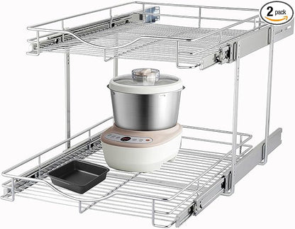 DINDON 2 Tier Pull Out Cabinet Organizer (17" W X 21" D), Double Tier Wire Basket Slide Out Shelf Storage for Kitchen Base Cabinet, Chrome Finish by DINDON