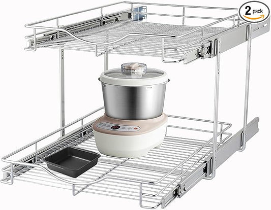 DINDON 2 Tier Pull Out Cabinet Organizer (17" W X 21" D), Double Tier Wire Basket Slide Out Shelf Storage for Kitchen Base Cabinet, Chrome Finish by DINDON