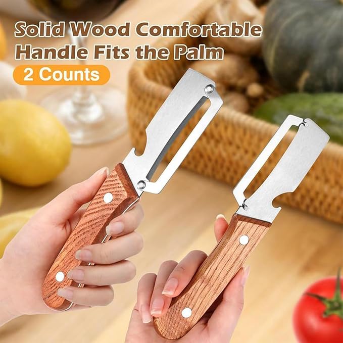 2 Pack Multifunctional Vegetable Peeler, Peelers for Kitchen with Bottle Opener, Zero Snag Wooden Peeler, 2 in 1 Stainless Steel Peeler with Wooden Handle, Potato, Fruit, Pumpkin - Image 3