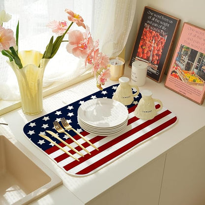 4th of July Dish Drying Mat 18x24 Inch Navy Blue Red Flag Stars Patriotic Drying Mat Independence Day Memorial Day Absorbent Dish Drying Pad Dish Rack Drainer Mats for Kitchen Dining Counter