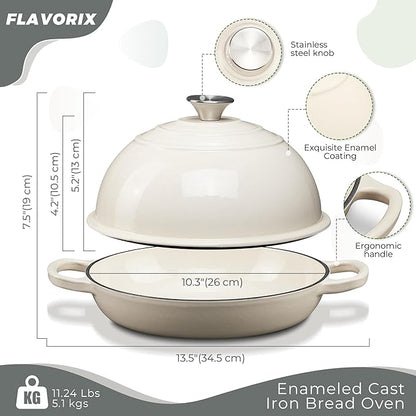 Cast Iron Bread Oven for Sourdough, 6Qt Bread Baking Pan with Lid, Enameled Sourdough Dutch Oven for Bread Baking, Oven Safe up to 482℉, White