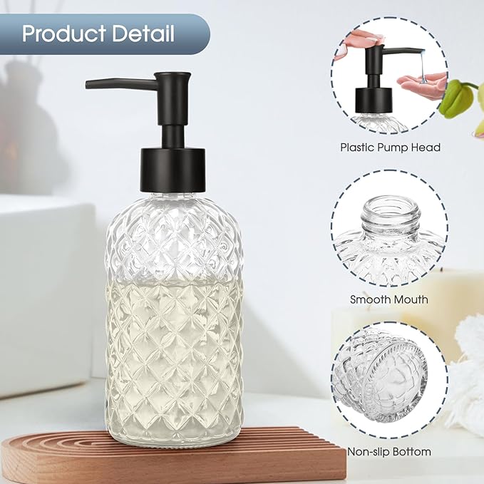 Topsky Gem Glass Soap Dispenser with Black Plastic Pump, 13oz Liquid Hand Soap Dispenser, Rustproof Pump for Kitchen & Bathroom, Great for Lotions, Essential Oil, Liquid Soaps-Clear - Image 4