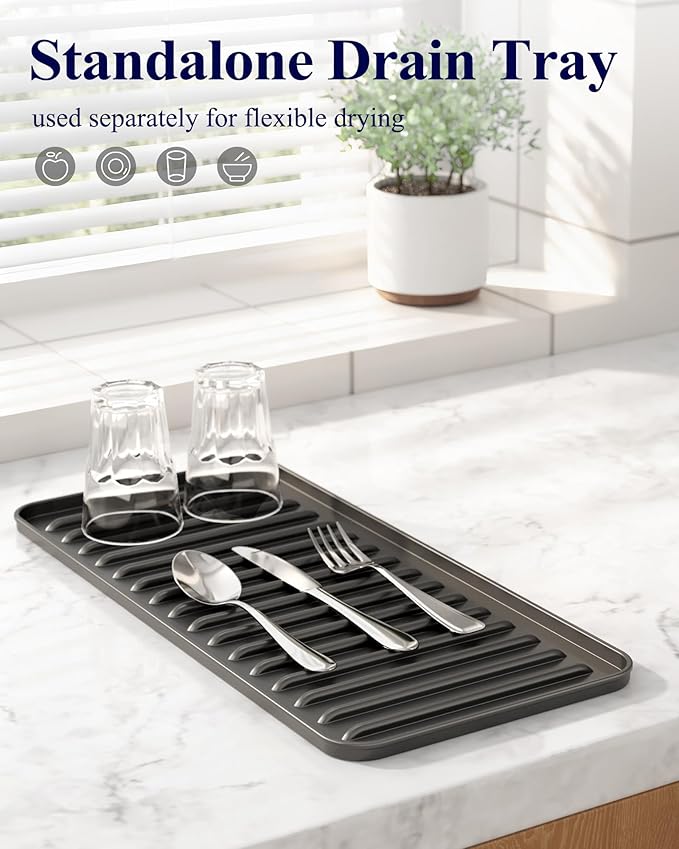 Kitsure Dish Drying Rack - Expandable Dish Rack for Kitchen Counter, Over Sink Or in Sink, Space-Saving Plates Dryer with Cutlery Holder & Drip Tray, 14.0"-20.9" L x 6.3" W x 8.0" H, Black - Image 7