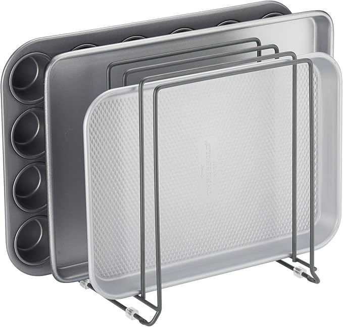 mDesign Pot Lid and Pan Rack — Metal Wire Rack for Cabinets, Pantries or Kitchen Surfaces — Freestanding Pan Stand with 5 Slots for Pans, Pots, Lids and Crockery — Dark Grey by mDesign