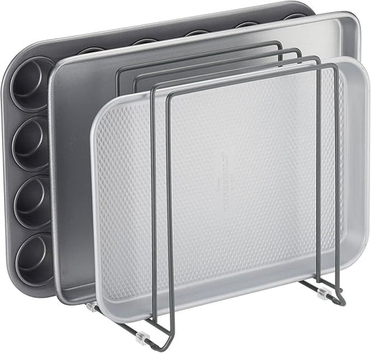 mDesign Pot Lid and Pan Rack — Metal Wire Rack for Cabinets, Pantries or Kitchen Surfaces — Freestanding Pan Stand with 5 Slots for Pans, Pots, Lids and Crockery — Dark Grey by mDesign