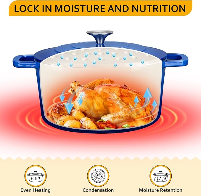 Velaze 6 QT Enameled Dutch Oven Pot with Lid, Cast Iron Dutch Oven with Dual Handles for Sourdough Bread Baking, Cooking, Non-stick Enamel Coated Cookware (Blue) - Image 3