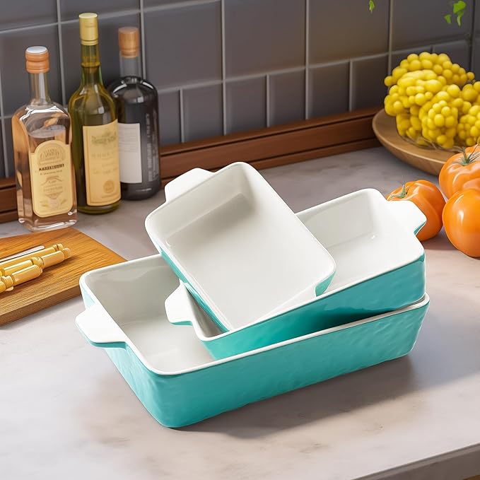 Casserole Dishes for Oven, Ceramic Baking Dishes, Lasagna Pan with Handles, Porcelain Baking Pan Deep, Bakeware for Baking, Cooking, Wedding Gift, Set of 3 (11.6" x 7.8", Aquamarine) - Image 6