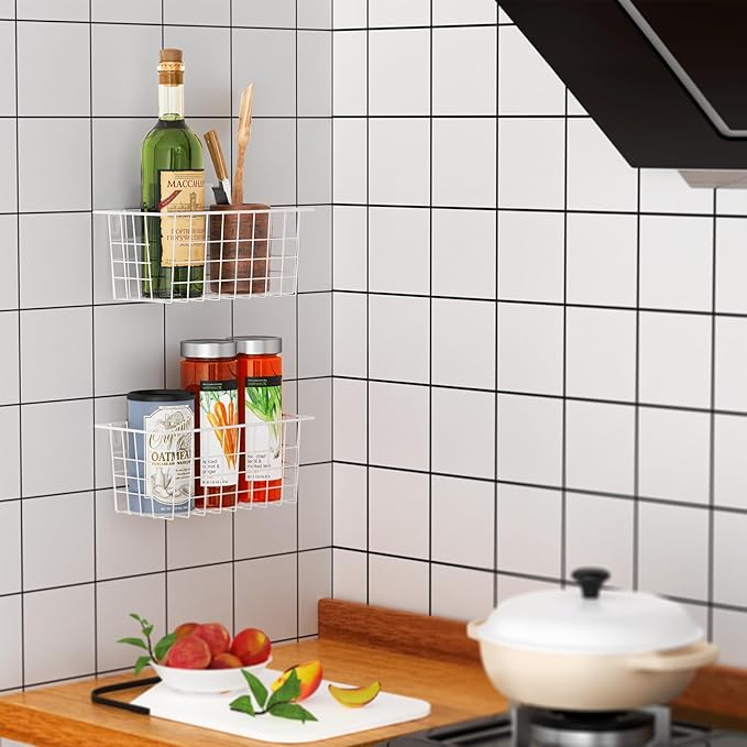 MaraFansie Hanging Wire Baskets Kitchen Storage Basket Adhesive and Screws Basket Over the Cabinet Door Organizer with Adhesive Strips and Screws Accessories, 2 Installations, 2 Pack, White - Image 5