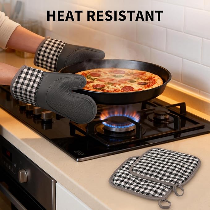 Tifanso Plaid Oven Mitts and Pot Holders 4-Piece Set, Oven Mitts Gloves Heat Resistant with Non-Slip Silicone Surface for Cooking Baking Grilling, Cotton Pot Holders Pads for Kitchen Cooking (Grey) - Image 3