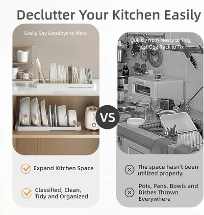Expandable Pot and Pan Organizer Rack for Kitchen Cabinet or Under Sink, Adjustable Lid Holder with 7 Dividers, Space-Saving Storage for Renters, Small Homes, and Busy Cooks, White
