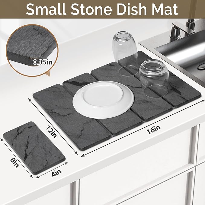 Small Stone Dish Drying Mat for Kitchen Counter, 2 PCS 16"×12" & 8"x4" Quick Dry Stone Mats, Foldable Water Absorbing Diatomite Drying Dish Pad for Countertop Bottles Utensils Cups(Dark Gray Ink) - Image 2