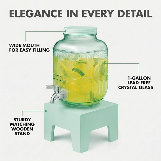 Beverage Dispenser 1 Gallon, Glass Drink Dispenser with Wooden Base Stand, Wide Mouth Jar for Lemonade, Iced Tea, Infused Water, Vintage Kitchen Decor - Green