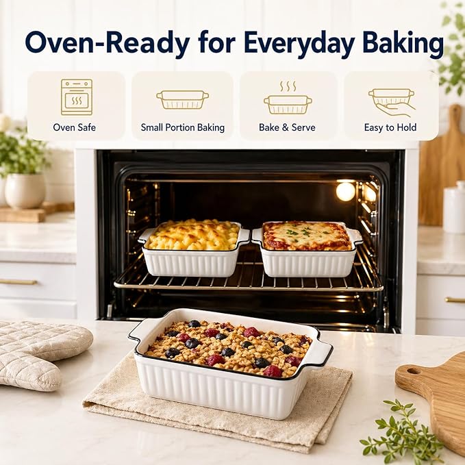 6 Pcs Ceramic Baking Dish, 12 Oz Small Casserole Dish with Handle, Porcelain Bakeware Sets, 5 inch Rectangular Lasagna Pans, Baking Serving Dishes for Casserole, Cakes, Dishwasher Oven Safe - Image 6
