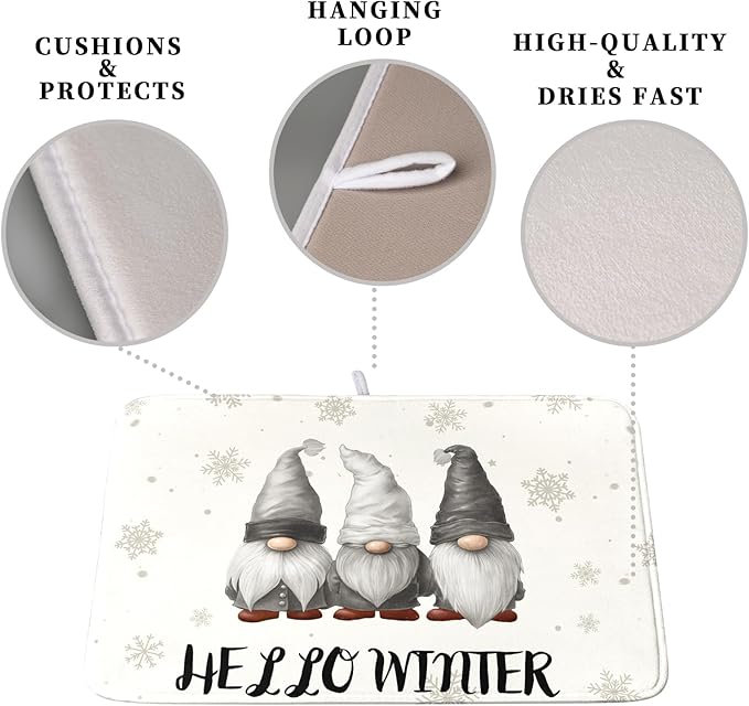 Winter Gnome Dish Drying Mat for Kitchen Counter 18x24 Christmas Snowflakes Santa Kitchen Drying Mat Hello Winter Dish Drainer Mat Super Absorbent Dish Rack Mat for Coffee Bar Countertop - Image 3