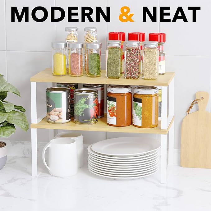 SpaceAid Cabinet Shelf Organizers 2 Pack, Kitchen Counter Rack Shelves Riser, Stackable Expandable Spice Rack, Pantry Cupboard Storage Organization (White and Natural, Long) - Image 5