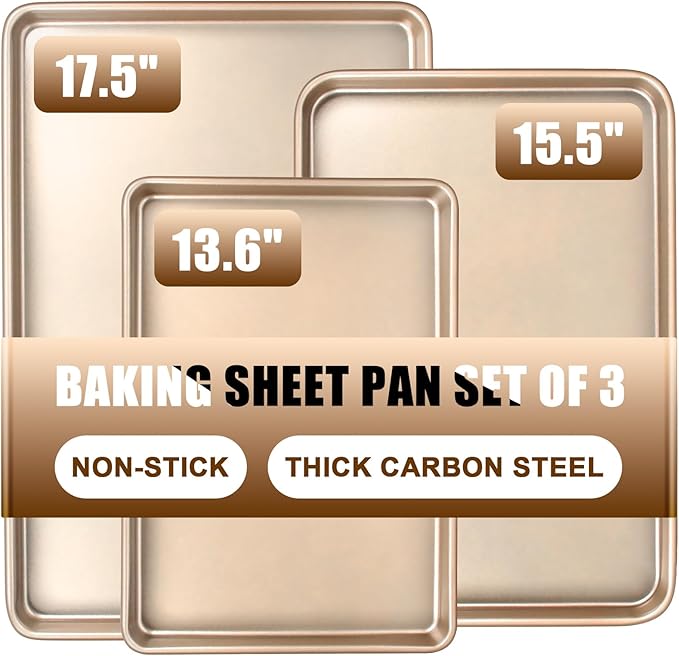 Baking Sheet Pan Set of 3, Commercial Cookie Sheets for Baking, Nonstick Half/Quarter/Jelly Roll Pans Replacement Toaster Oven Tray, Heavy Duty & Easy Clean, Champagne Gold by Deedro