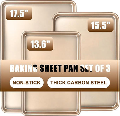 Baking Sheet Pan Set of 3, Commercial Cookie Sheets for Baking, Nonstick Half/Quarter/Jelly Roll Pans Replacement Toaster Oven Tray, Heavy Duty & Easy Clean, Champagne Gold by Deedro
