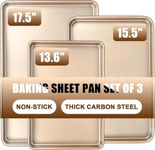 Baking Sheet Pan Set of 3, Commercial Cookie Sheets for Baking, Nonstick Half/Quarter/Jelly Roll Pans Replacement Toaster Oven Tray, Heavy Duty & Easy Clean, Champagne Gold by Deedro