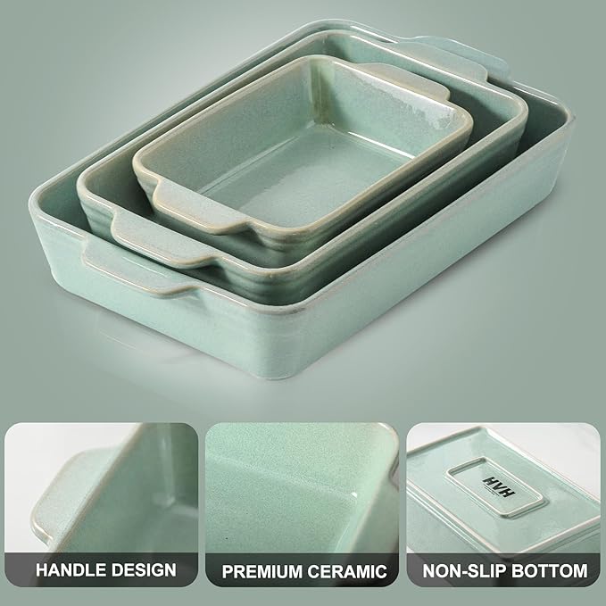 HVH 9x13 Baking Dish Set, Large Casserole Dishes for Oven, Ceramic Bakeware Set of 3, Rectangular Lasagne Pan Deep for Baking (Turquoise) - Image 6
