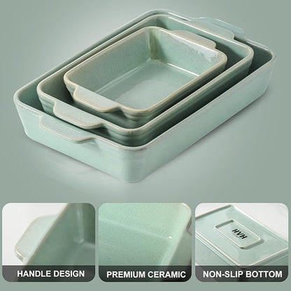 HVH 9x13 Baking Dish Set, Large Casserole Dishes for Oven, Ceramic Bakeware Set of 3, Rectangular Lasagne Pan Deep for Baking (Turquoise) - Image 6