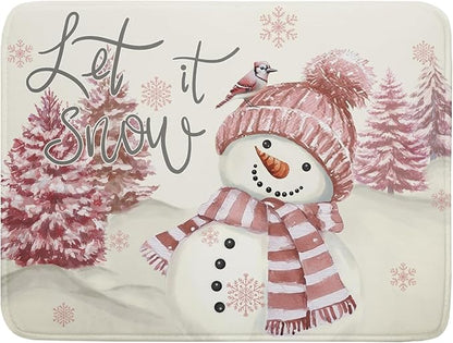 Giwawa Pink Snowman Dish Drying Mat Xmas Trees Bird Winter Snowy Scene Dish Drainer Mats 18"x24" Microfiber Reversible Dish Drying Rack Pad Protector for Kitchen Countertop Decor
