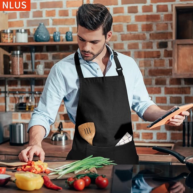 NLUS 2 Pack Kitchen Cooking Aprons, Adjustable Bib Soft Chef Apron with 2 Pockets for Men Women (Black,2) - Image 5