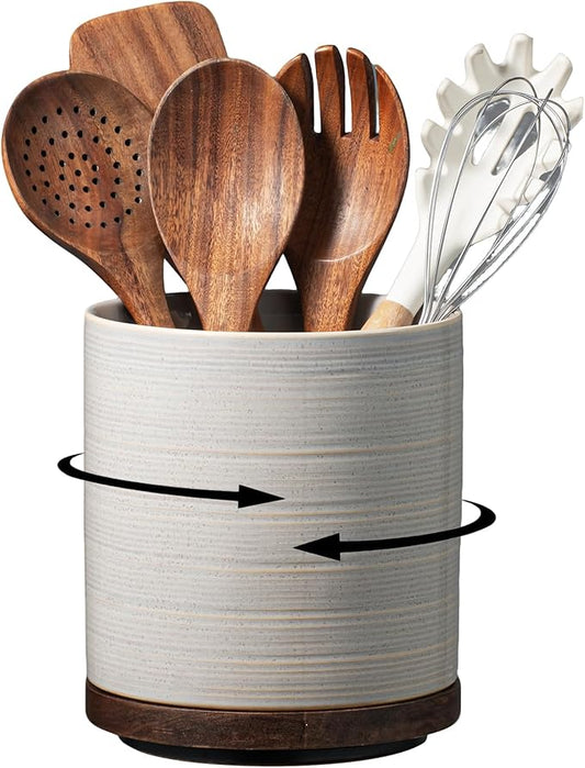 Utensil Holder, 360° Rotating Extra Large Ceramic Kitchen Utensil Holder for Countertop, 7.3“ Cooking Utensil Crocks for Kitchen Counter with Rotatable Wooden Base, Farmhouse Decor, Grey by MIKIGEY
