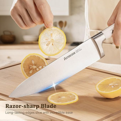 Astercook Knife Set, Kitchen Knife Set with Block and Sharpener, 12 Pcs Ultra-Sharp High Carbon Stainless Steel Knife Block Set with Non-Slip Full Tang Ergonomic Handle, Cream White Mothers Day Gifts