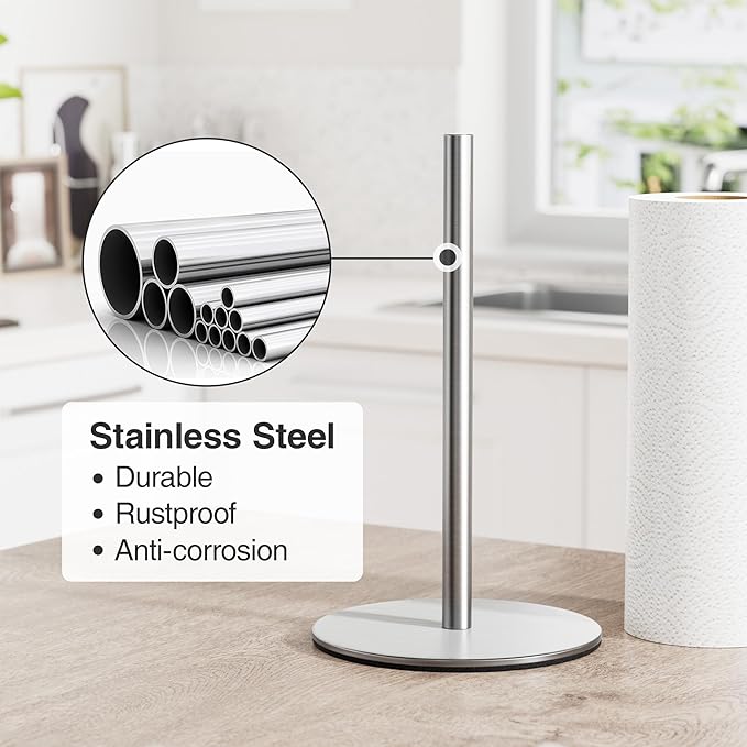 Silver Paper Towel Holder Free-Standing, Premium Stainless Steel Paper Rolls Organizer, Classic Fashion Kitchen Roll Dispenser - Image 4