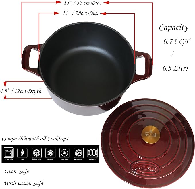 La Cuisine Enameled Cast Iron Dutch Oven Casserole Pot with Lid 6.5 QT 11" /28cm Dia. Internal Matt Black Enamel Coating Gold-Plated SS Lid Handle Oven Safe up to 500° F for bread baking, Cranberry