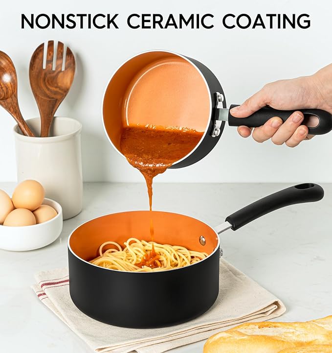 MICHELANGELO Nonstick Sauce Pan with Lid 1QT, 2QT & 3QT, Ceramic Saucepan Set, Copper Sauce pans, Non-Toxic Saucepan, Multipurpose Cooking Pots Set For Home Kitchen, Compatible induction - Image 3