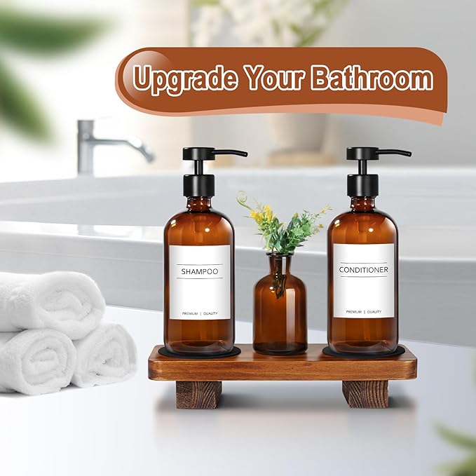 KASUNTING Amber Glass Soap Dispenser with Upgraded Flat Pump, Dish Soap Dispenser for Kitchen, Hand Soap Dispenser for Bathroom, Decorative Vase & Wood Riser Bathroom Decor(Amber02) - Image 6