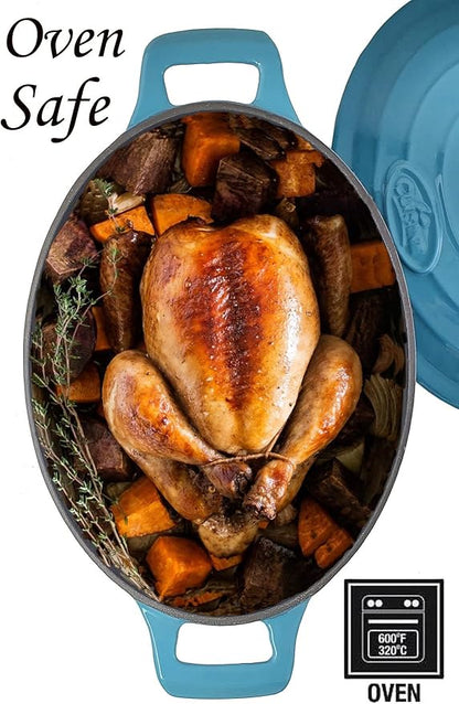 La Cuisine Enameled Cast Iron Oval Dutch Oven Casserole Pot with Lid, 6.75 QT Internal Matte Black Enamel for bread baking, 2-ton Teal Enamel Coating Finish Exterior, Oven Safe up to 480° F