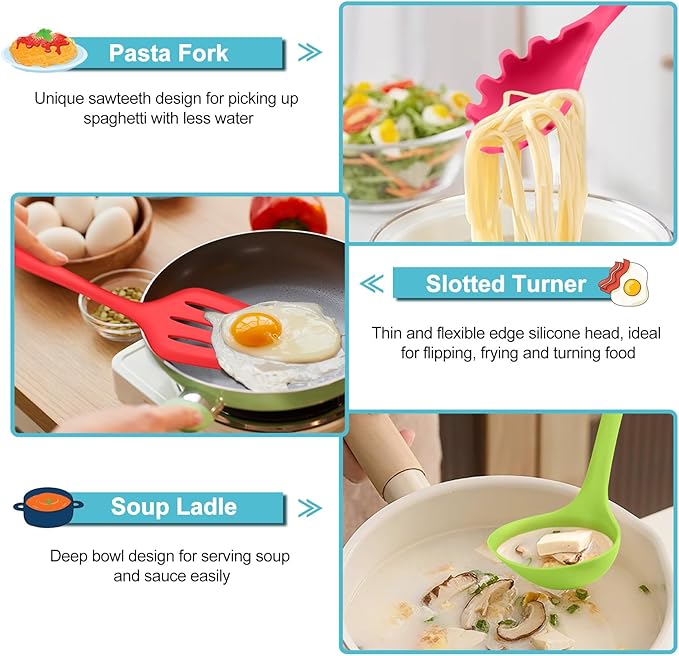 TeamFar Silicone Kitchen Utensils, 7-Piece Kitchen Cooking Utensil Set with Turner Spoon Spatula Ladle, Perfect for Baking Cooking Mixing, Heat-Resistant & Non-Toxic, Dishwasher Safe & Multi Colored - Image 5