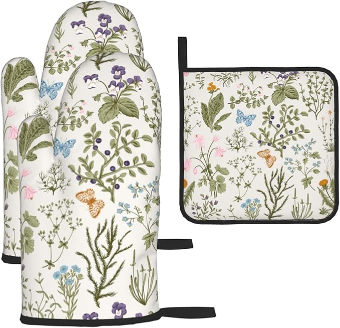 Vintage Floral Oven Mitts and Pot Holders Sets of 3 Cute Botanic Hot Pads Herbs and Wild Flowers Oven Gloves Heat Resistant Washable for Kitchen Cooking Grilling Baking by Unknown