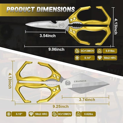 Dream Reach Kitchen Scissors Heavy Duty Kitchen Shears for Food, Meat Scissors Dishwasher Safe, Poultry Shears Set for Turkey, Meat, Seafood, Bone Cutting - Gifts for Men (Golden)