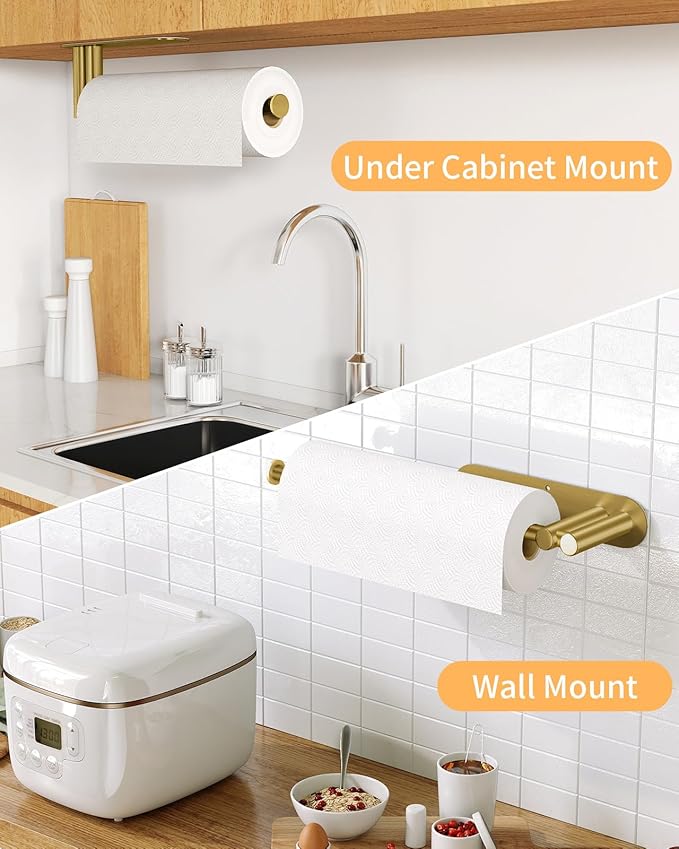 Paper Towel Holder Under Cabinet, 13Inch Self-Adhesive or Wall Paper Towel Holder for Kitchen, Bathroom, RV, Gold - Image 5