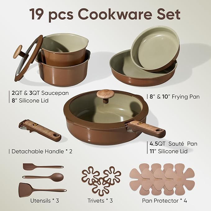 CAROTE Ceramic Cookware Set, Pots and Pans Set Non Stick with Detachable Handle, RV Kitchen Cooking Set, Induction & Oven Safe, PFAS and PFOA Free, Pistachio Green 19 Pcs - Image 2