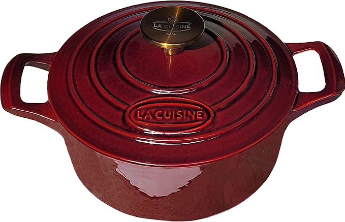 La Cuisine Enameled Cast Iron Dutch Oven Casserole Dish Pot with Lid, 2.1 QT 7.9“ /20cm Dia. Internal Matt Black Enamel Coating, Gold-Plated SS Lid Handle Oven Safe up to 500° F, Cranberry