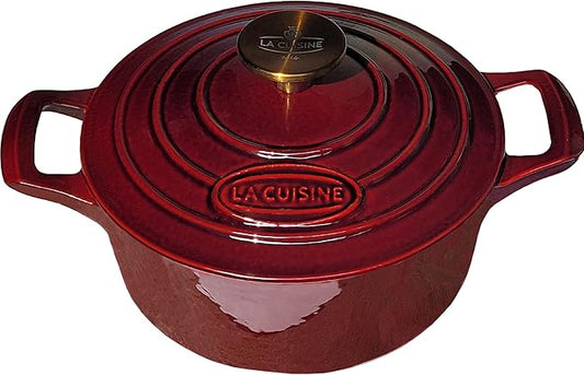 La Cuisine Enameled Cast Iron Dutch Oven Casserole Dish Pot with Lid, 2.1 QT 7.9“ /20cm Dia. Internal Matt Black Enamel Coating, Gold-Plated SS Lid Handle Oven Safe up to 500° F, Cranberry